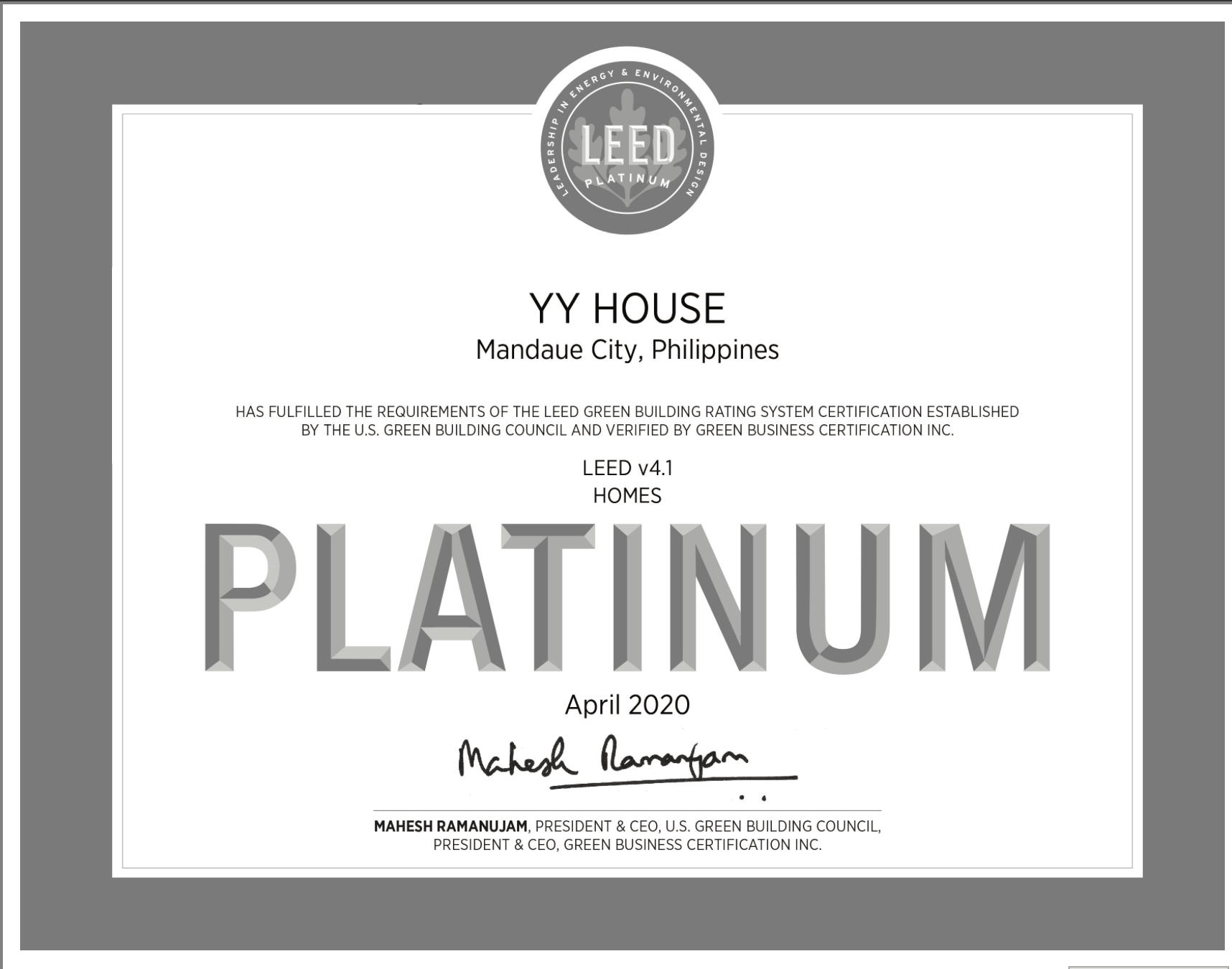 LEEDS Platinum Award - YY House